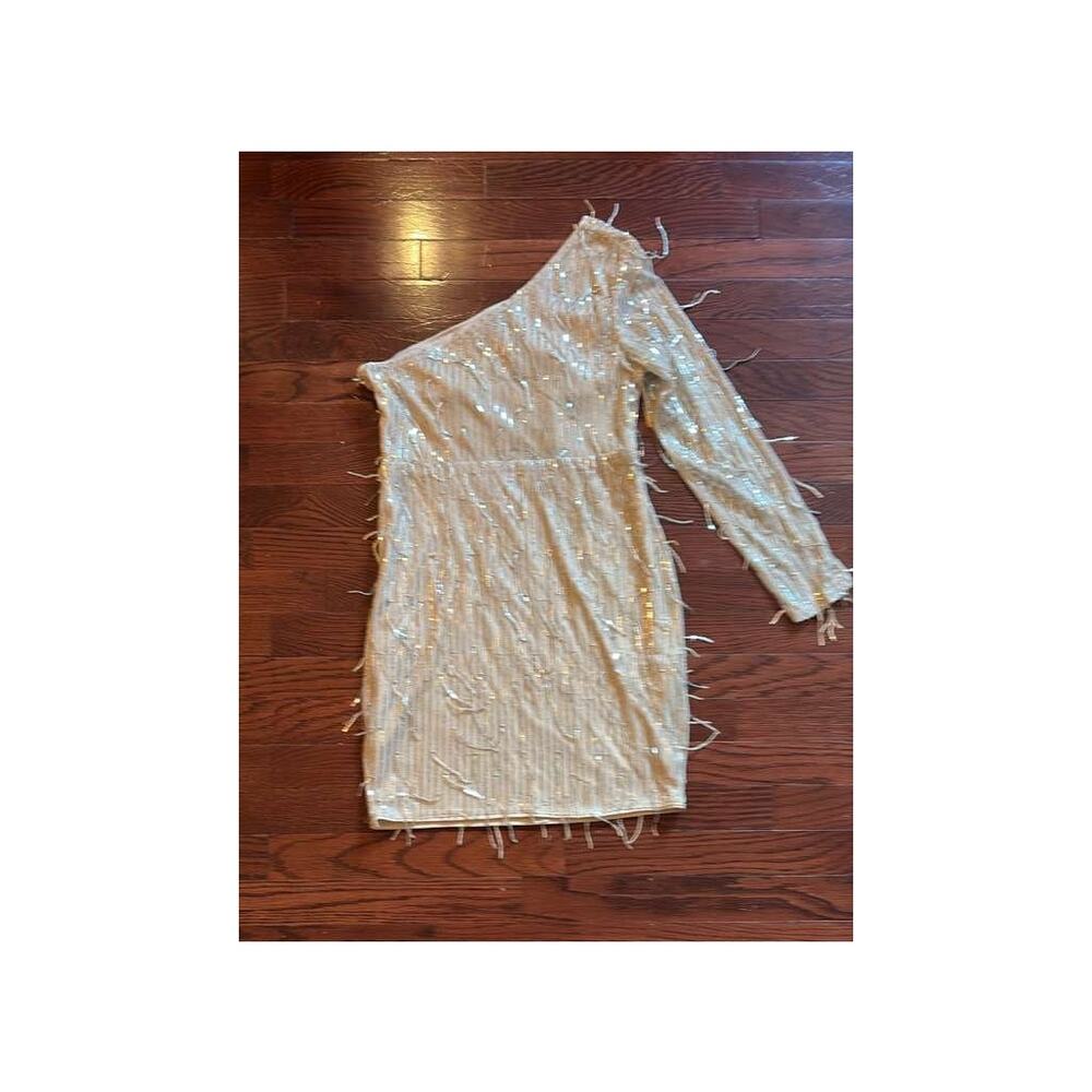 Gold Sequin One Shoulder Mini Dress with Fringe Detail Size Large - Picture 2 of 6